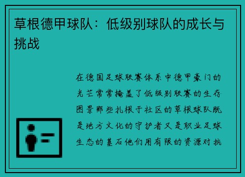 草根德甲球队：低级别球队的成长与挑战